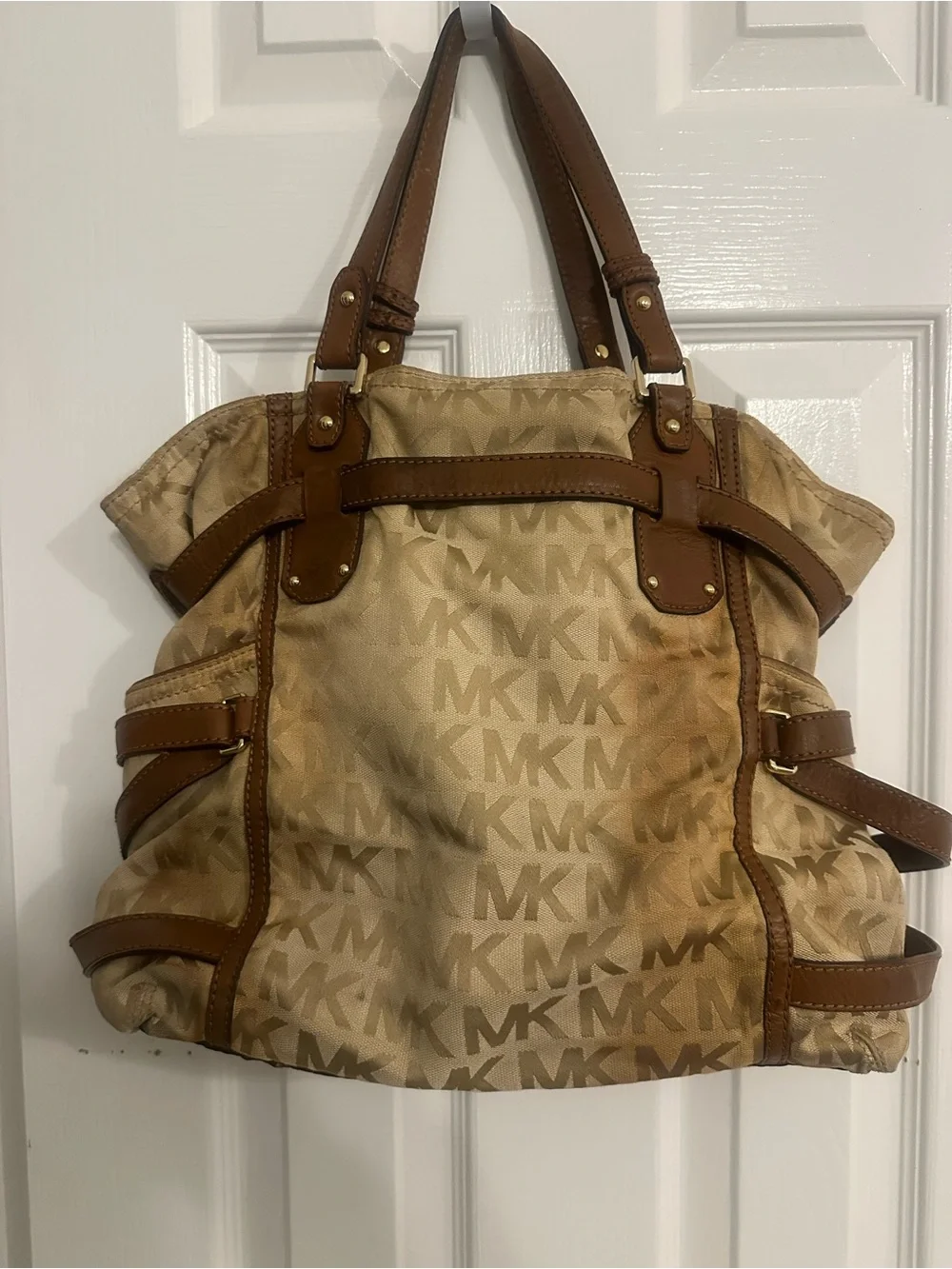 Michael Kors Signature MK Logo Large Tote Shoulder Bag – Beige/Brown